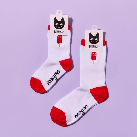 Kids Embroidered Cat Popsicle Socks - Red Catsicle