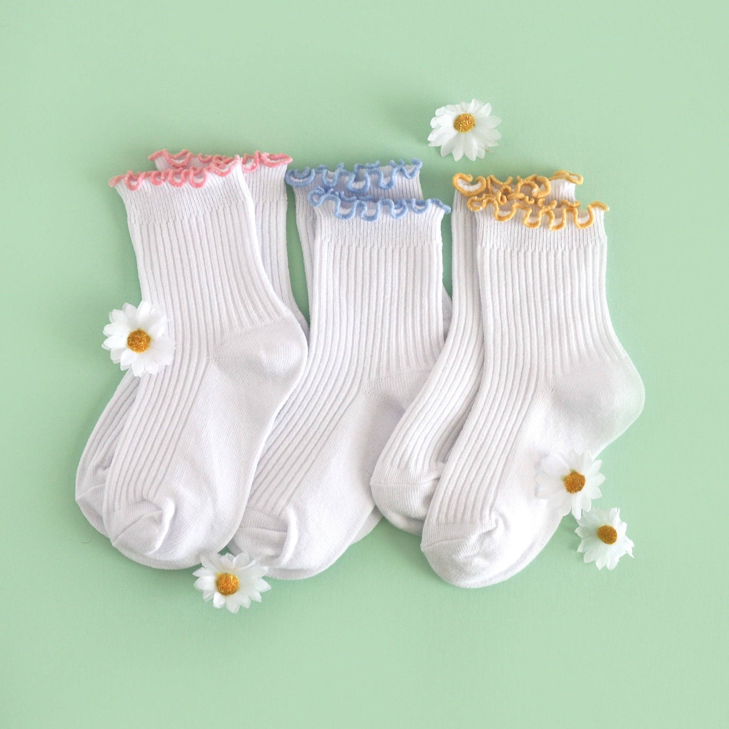 Ribbed Lettuce Trim Midi Socks - White/Sunshine