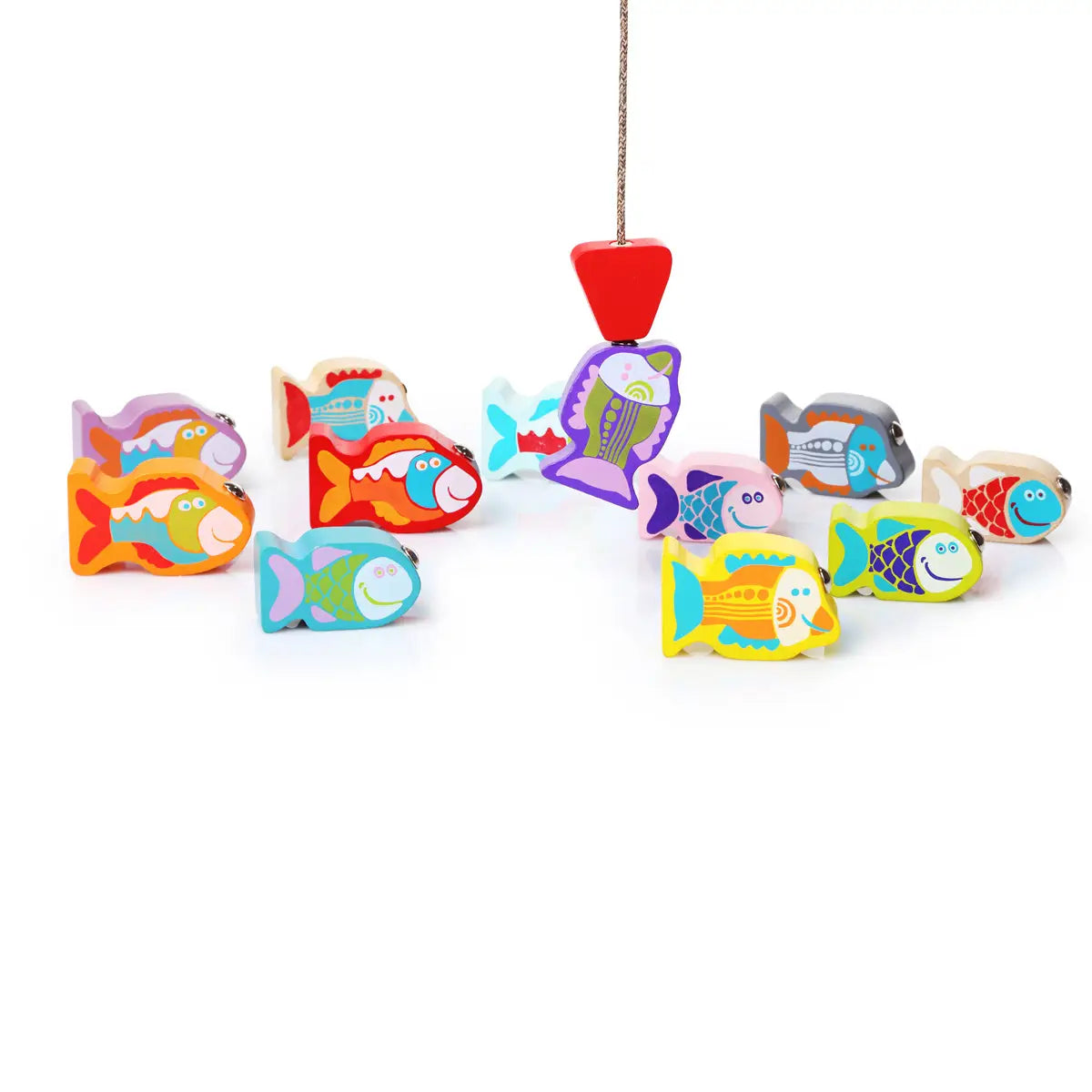 Colorful wooden fish toys hanging from a string on a white background