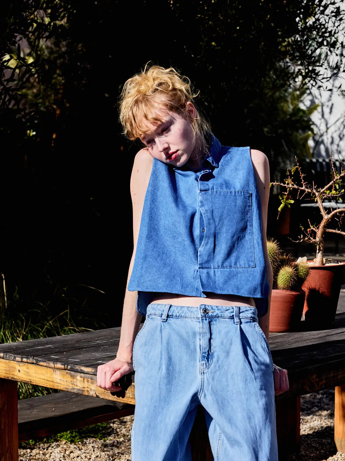 Collared Button Down Sleeveless Denim Top