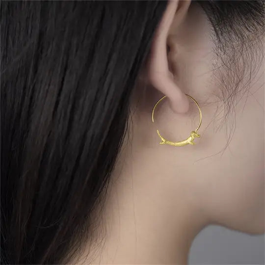 Cute Gold Dachshund Dog Hoop Earrings