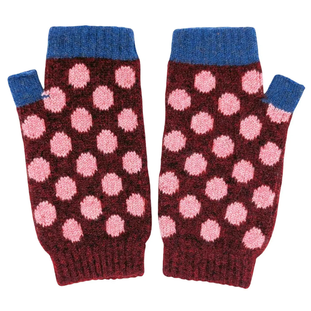 Women's Lambswool Fingerless Gloves -Red Dots