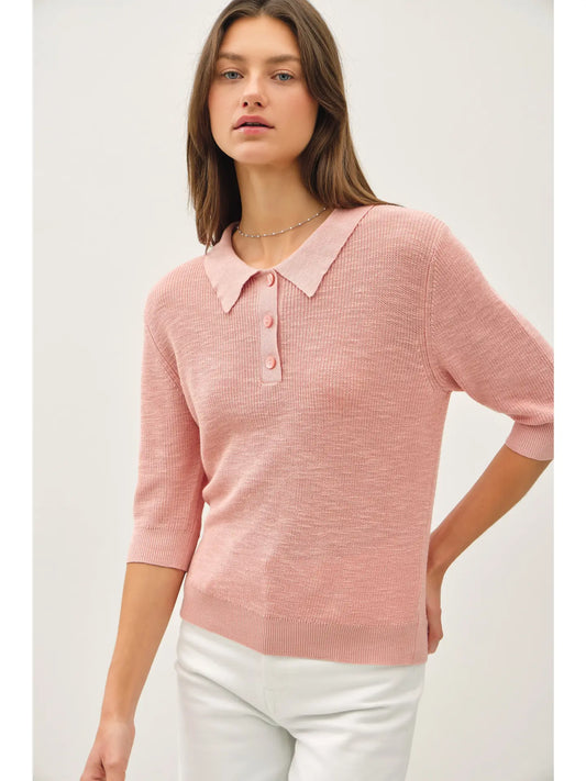 Collared Henley 1/2 Sleeve Sweater - Rose