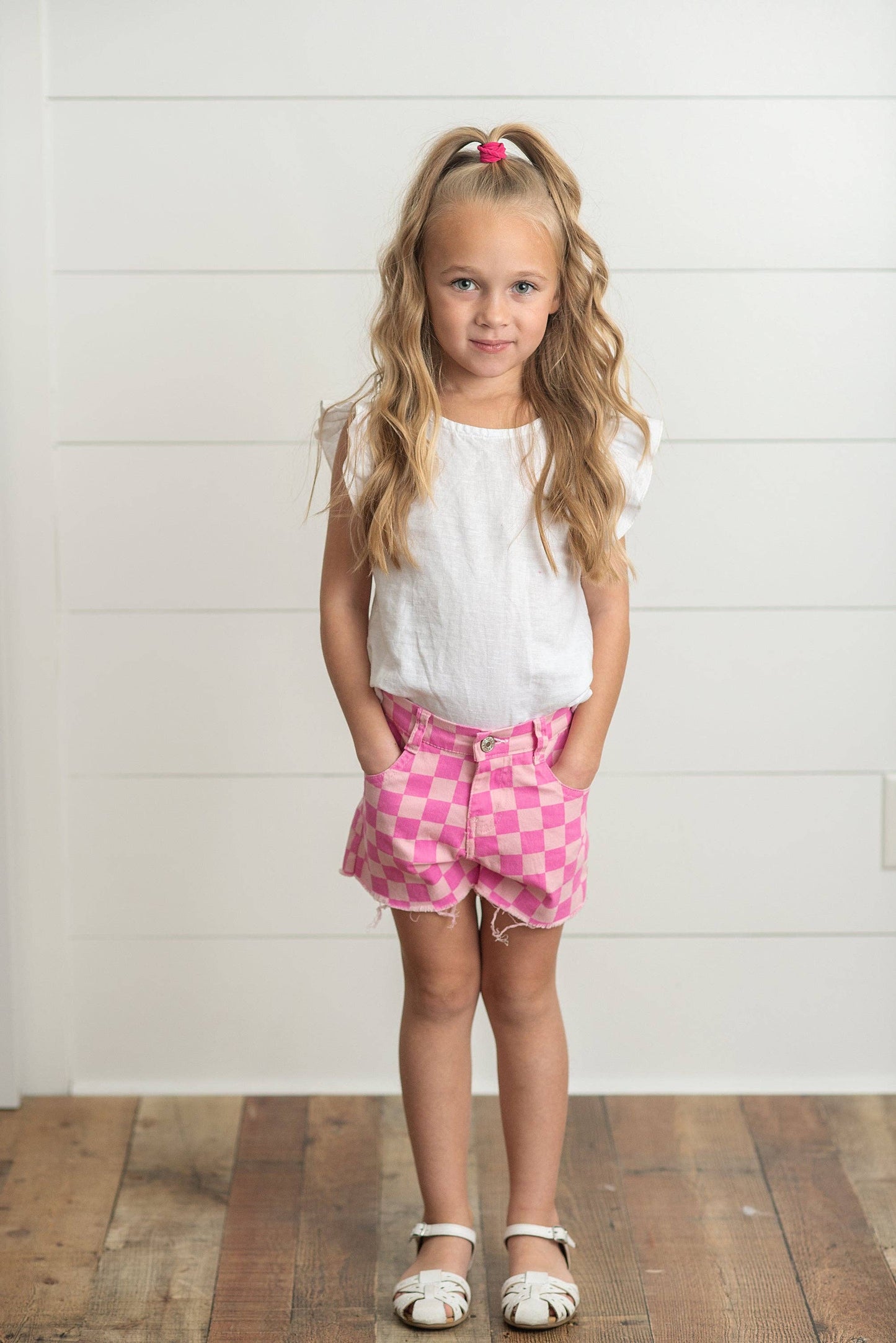 Kids Pink Checkered Denim Shorts