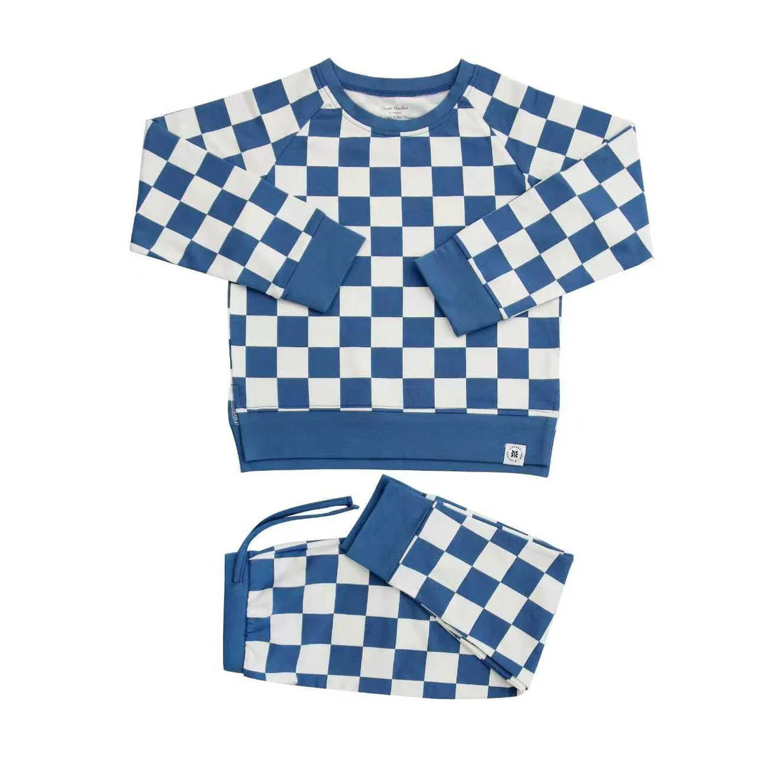 Checker Crew Neck Jogger Set - Moody Blue