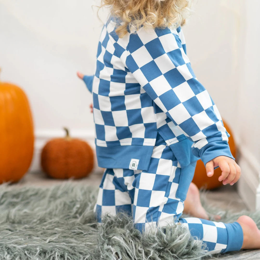 Checker Crew Neck Jogger Set - Moody Blue