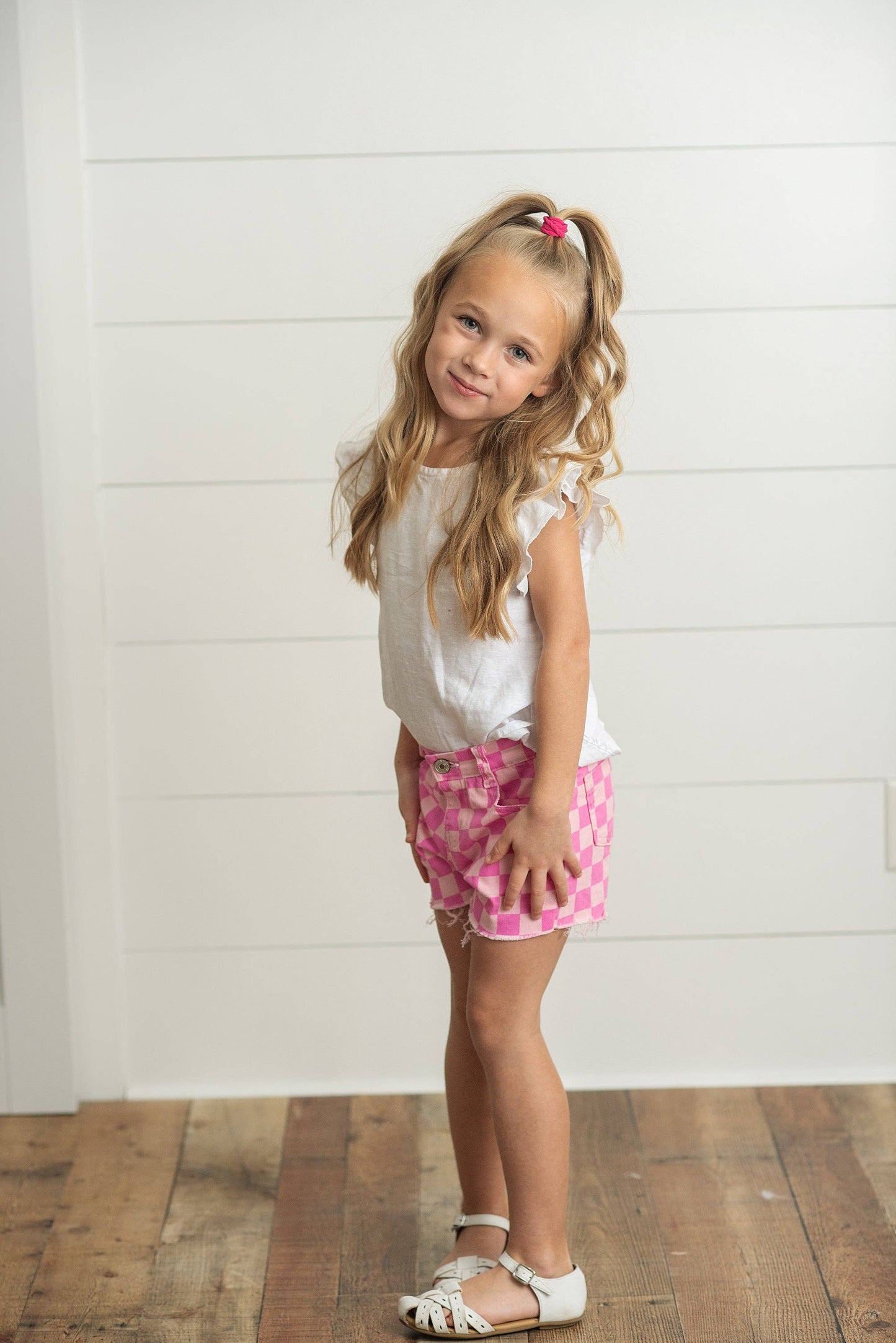 Kids Pink Checkered Denim Shorts