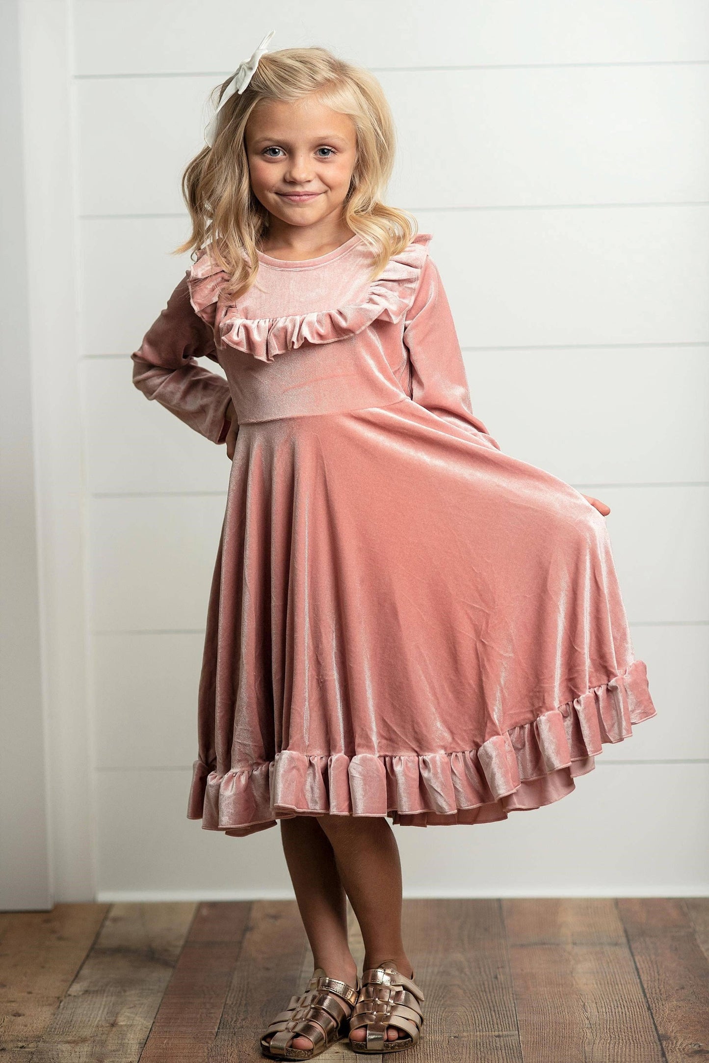 Kids Pink Velvet Ruffle Dress
