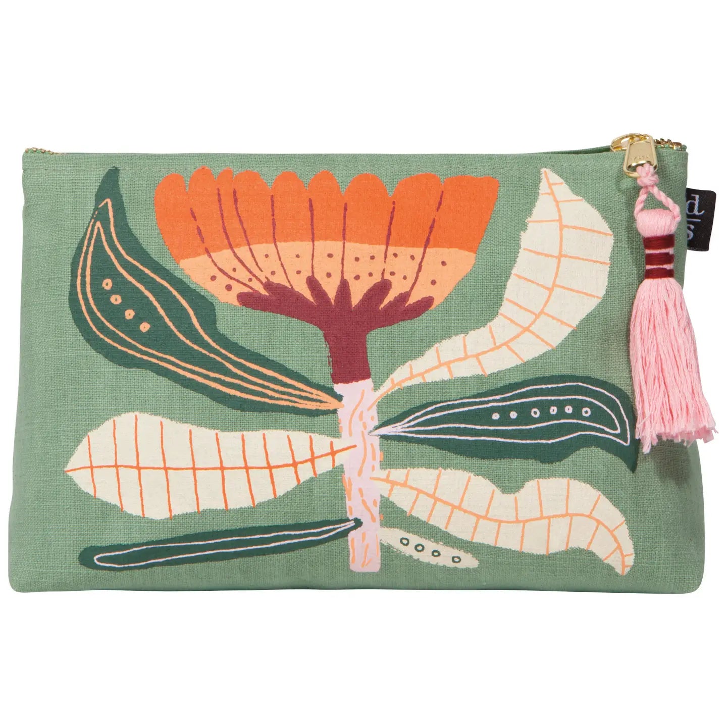 A small cosmetic bag with a multicolored floral design and a green background, featuring a pink tassel zipper pull.
