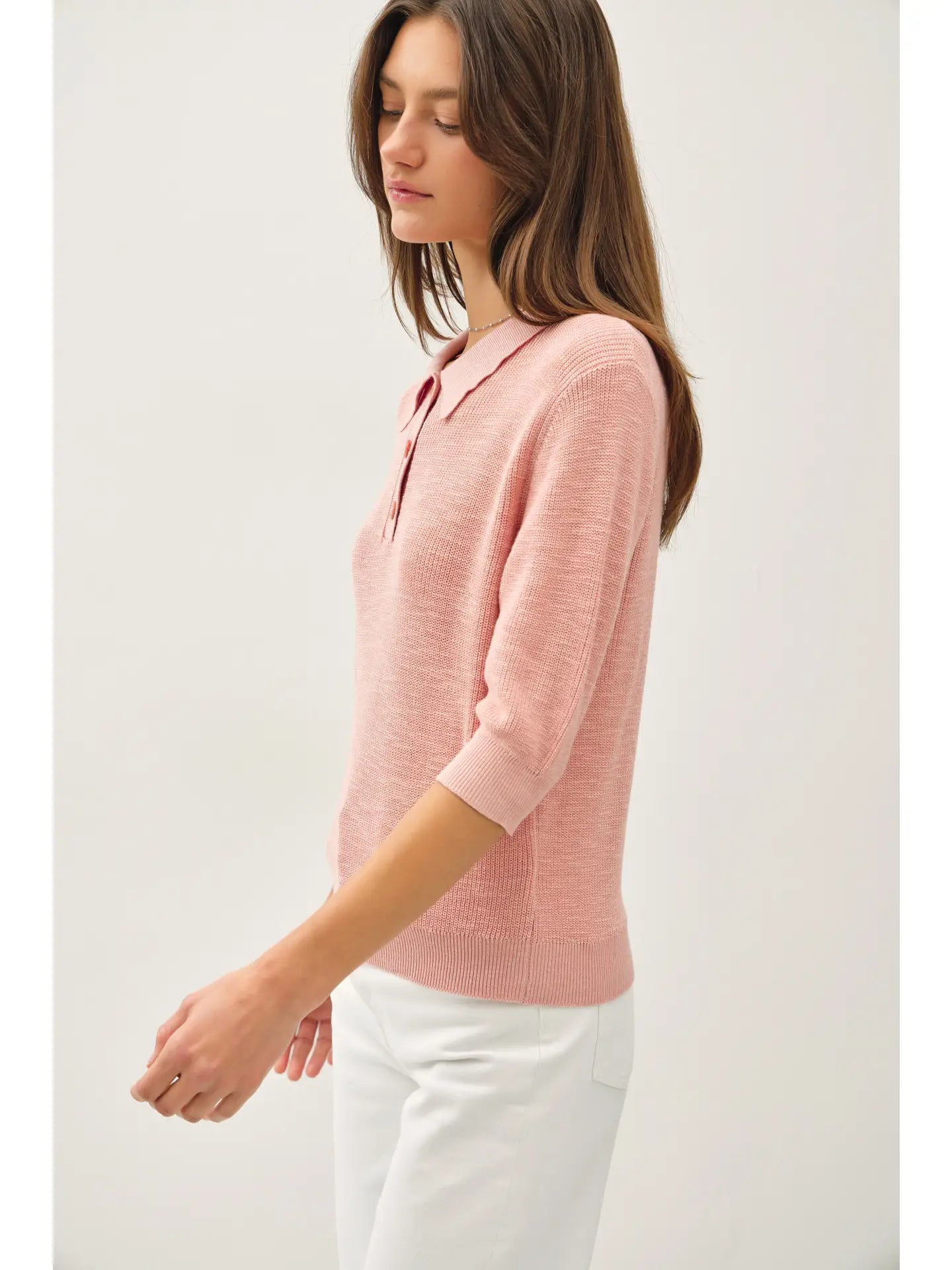 Collared Henley 1/2 Sleeve Sweater - Rose