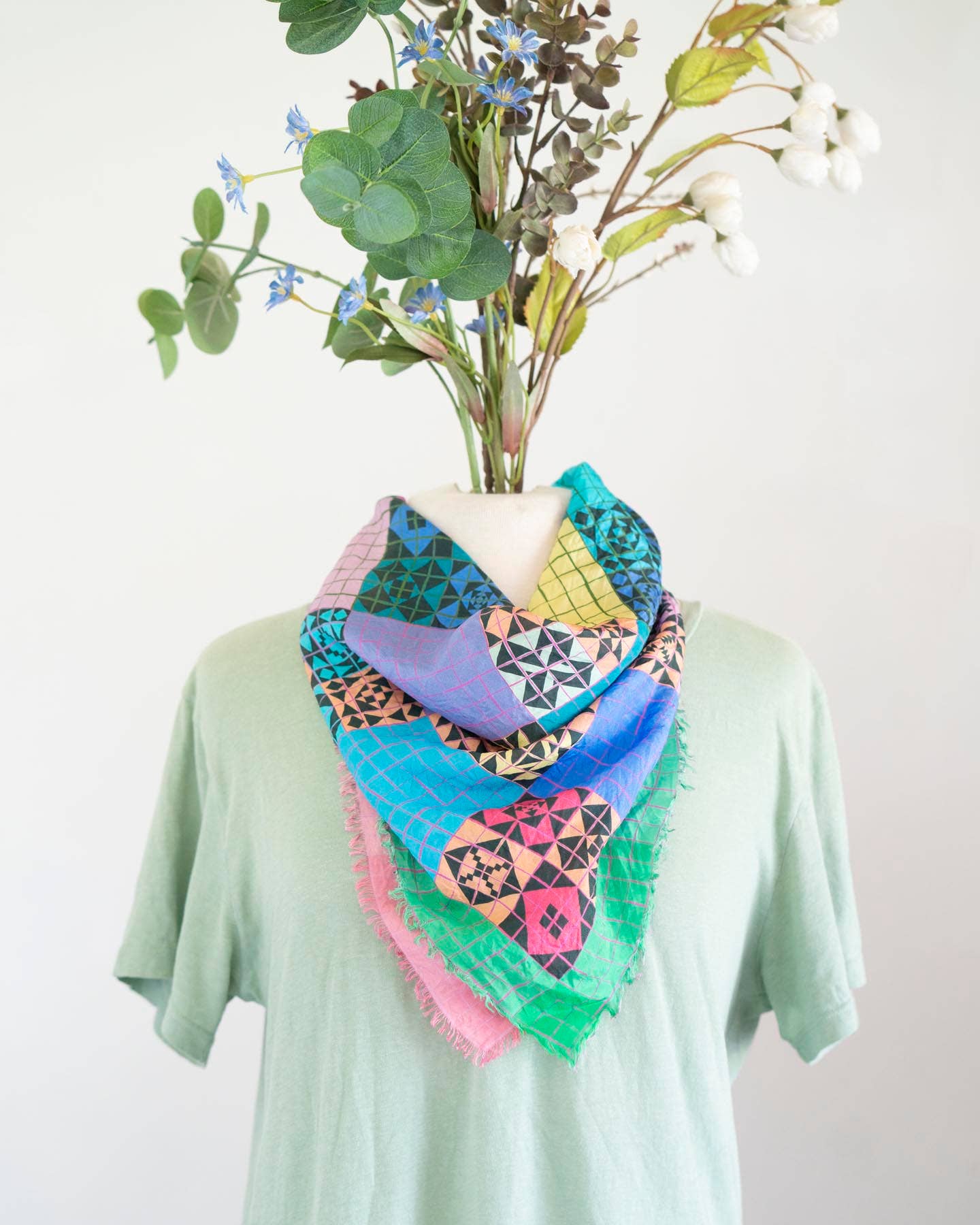 Spring in the Mountains Patchwork - Pure Silk Bandana Scarf