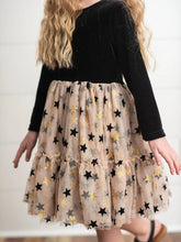 Load image into Gallery viewer, Kids Black &amp; Gold Star Velvet Holiday Sparkle Tulle Dress
