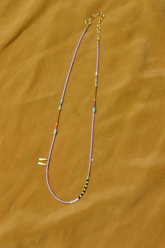 Dainty Beaded Choker - Lilac with turquoise and pearls