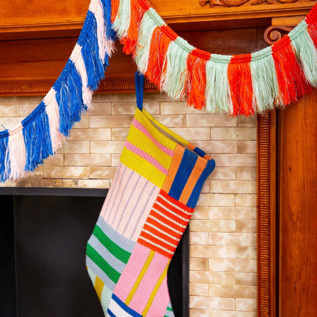 Patchwork Stripe Holiday Stocking - Rainbow