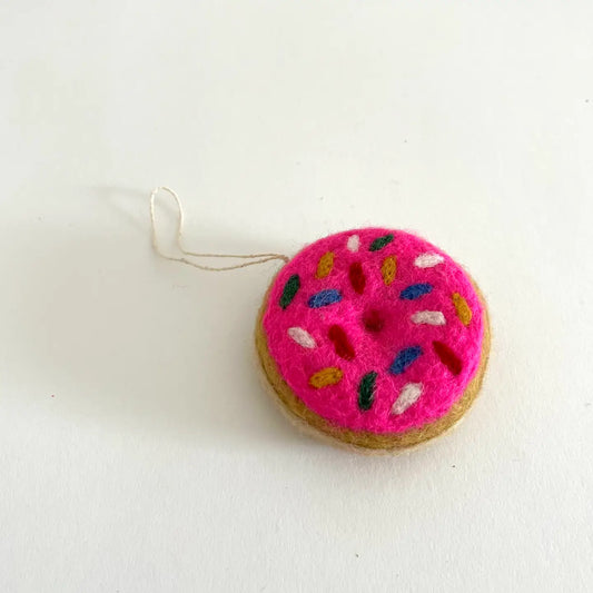 Felted Wool Donut Ornament - Pink Glaze