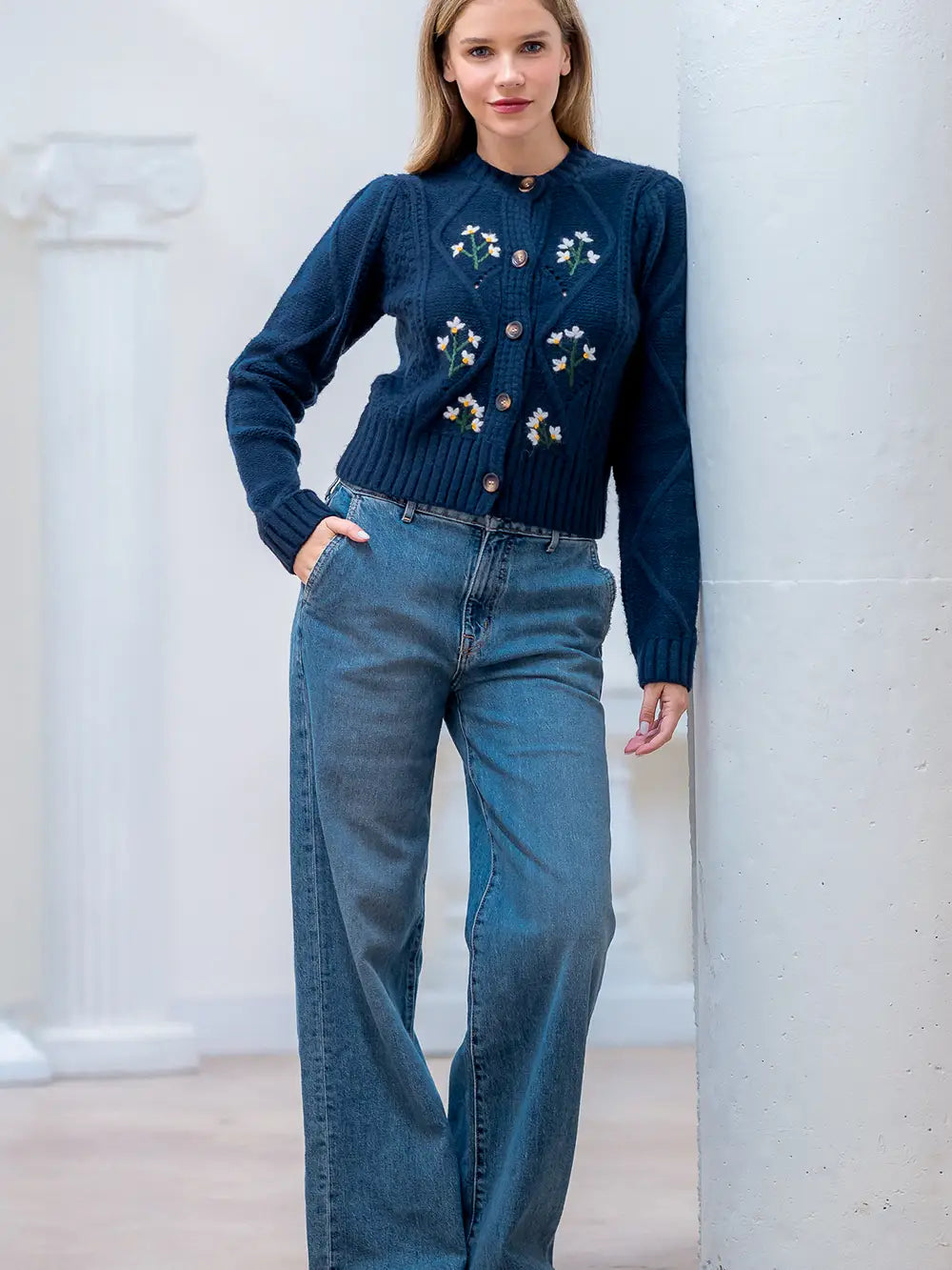 Cable Knit Cardigan Sweater with Daisys