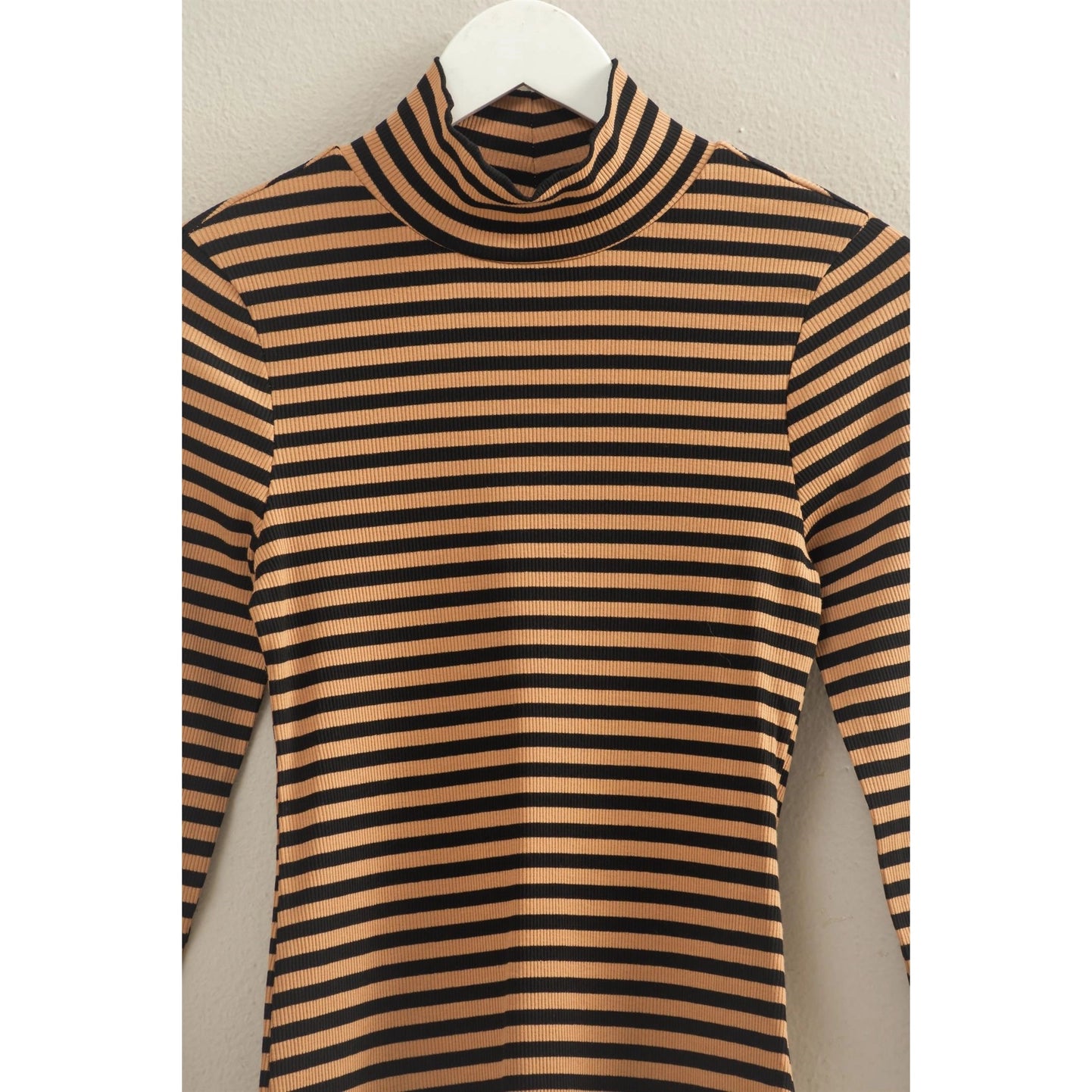 Striped Turtleneck Fitted Knit Top - Taupe