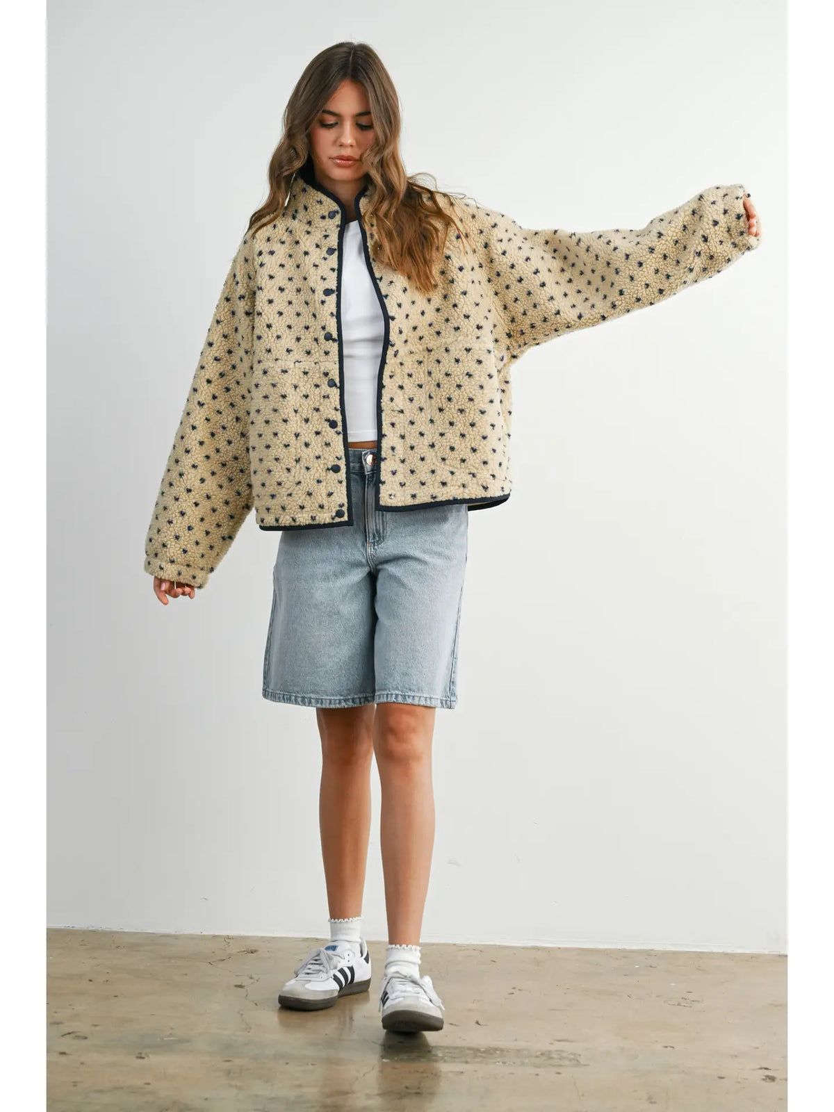 High Pile Fleece Puffer Jacket - Taupe/Navy