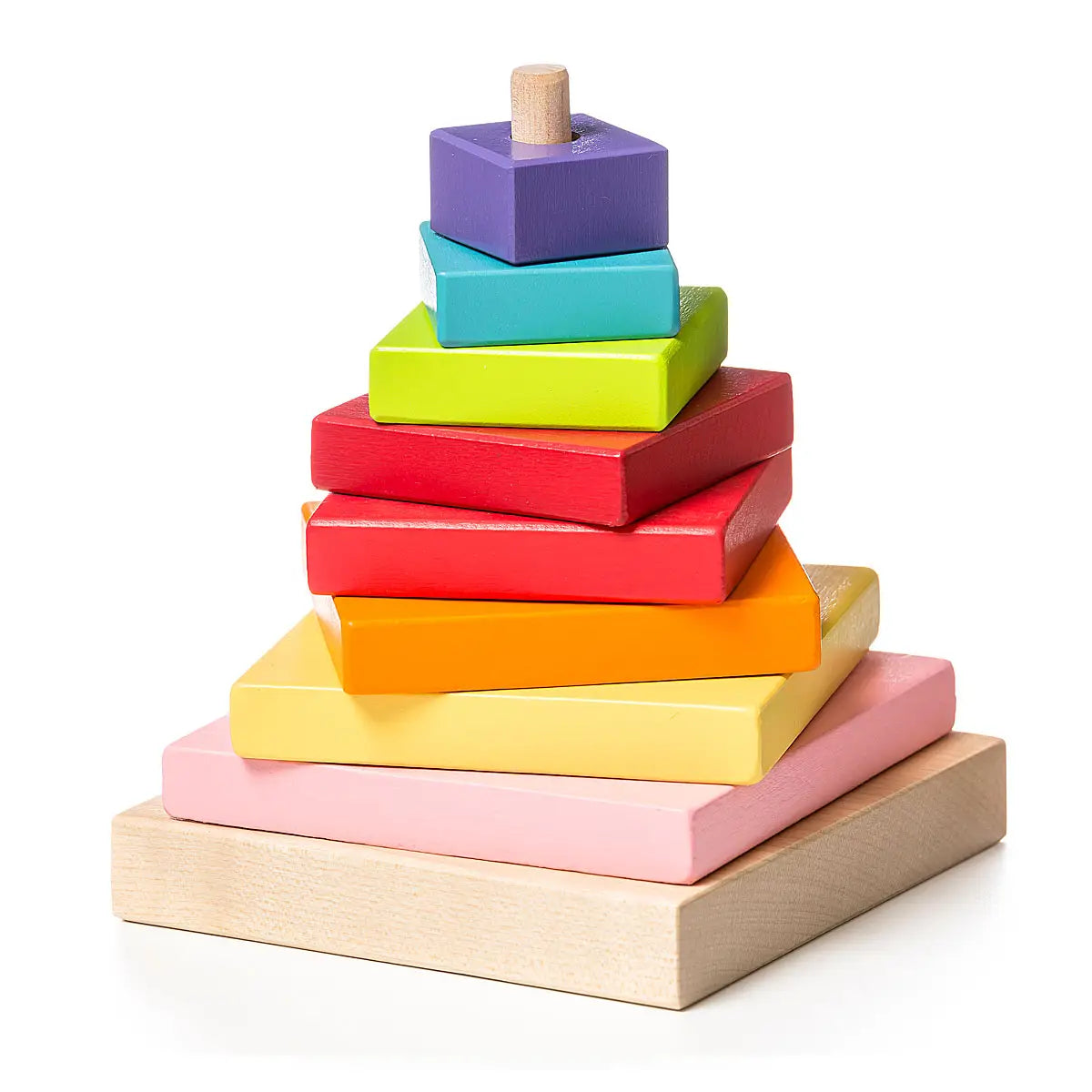 Stack of colorful wooden blocks on a white background