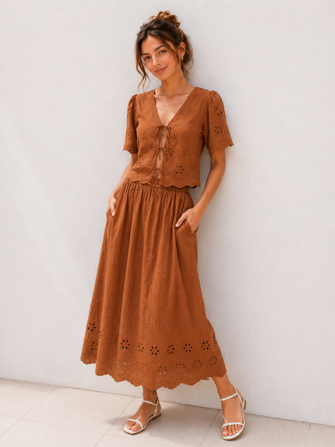Eyelet Maxi Skirt - Brown