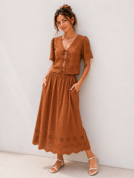 Eyelet Maxi Skirt - Brown