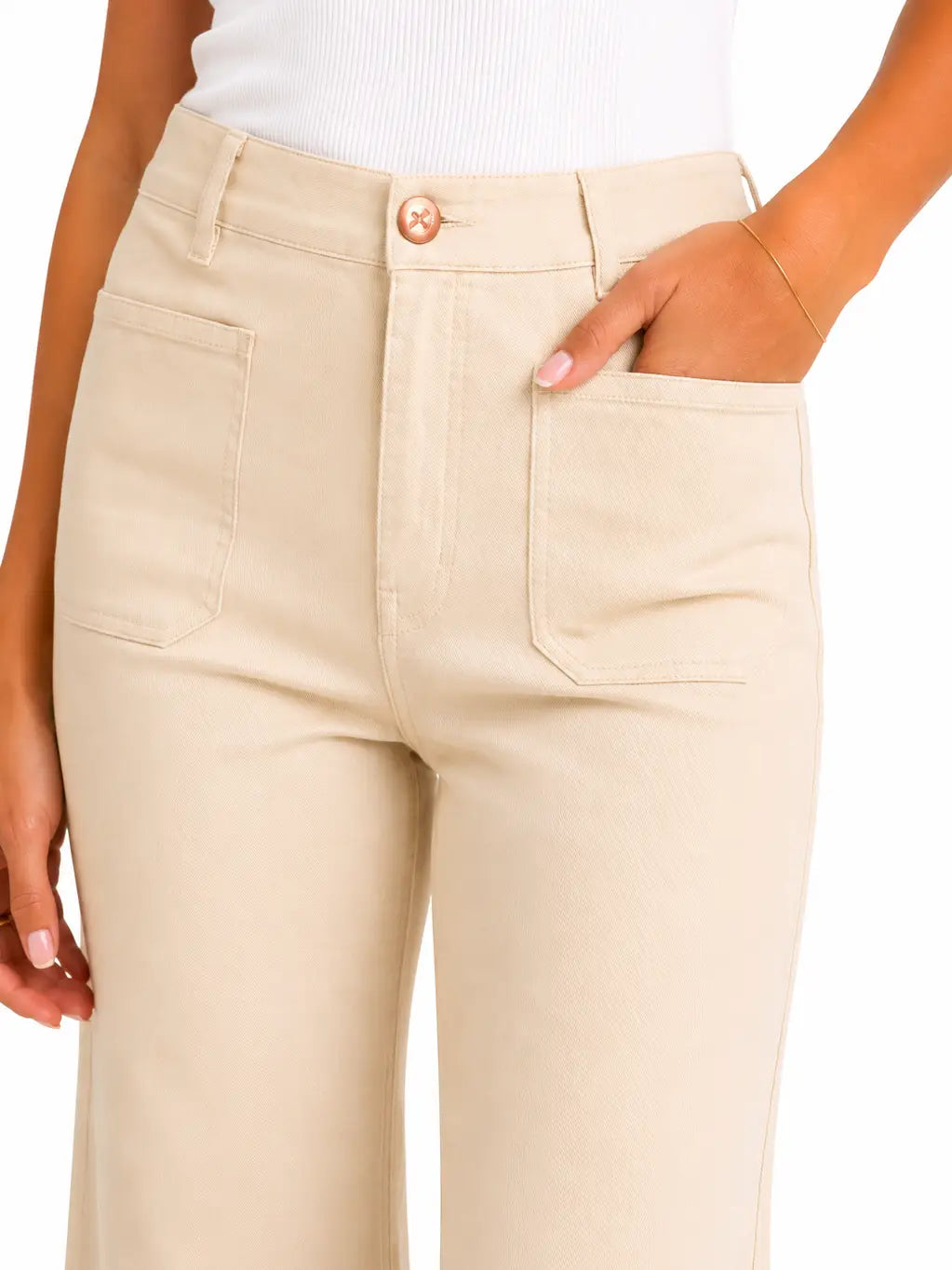 32" Luxe Wide Leg Jean w/ Patch Pockets - Ecru