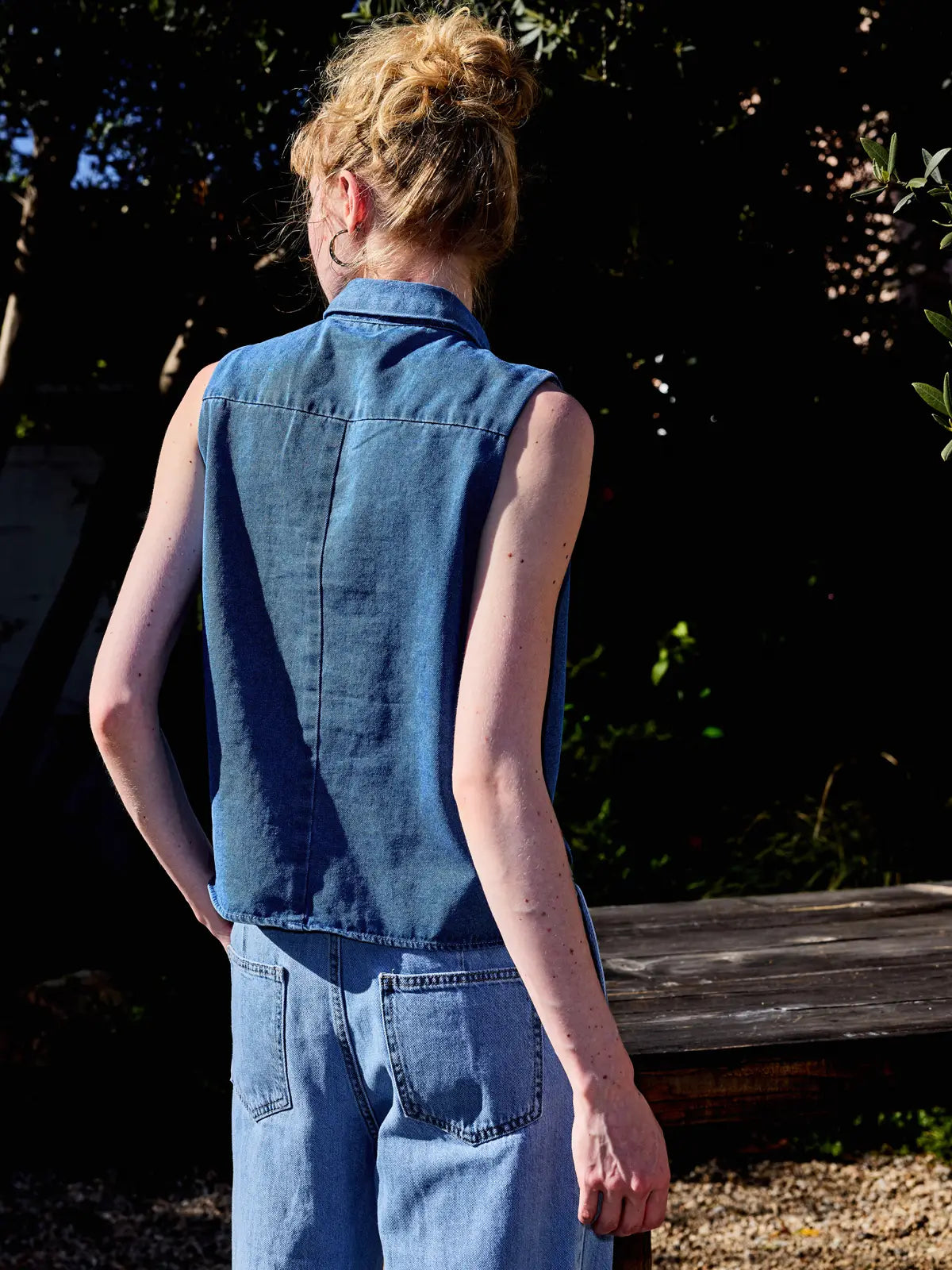 Collared Button Down Sleeveless Denim Top