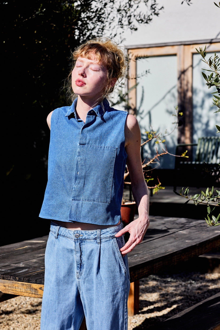 Collared Button Down Sleeveless Denim Top