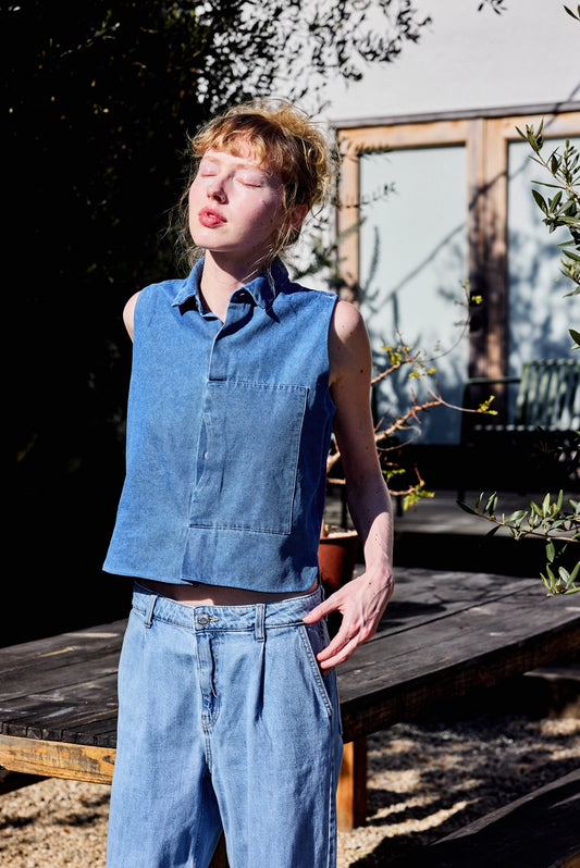 Collared Button Down Sleeveless Denim Top