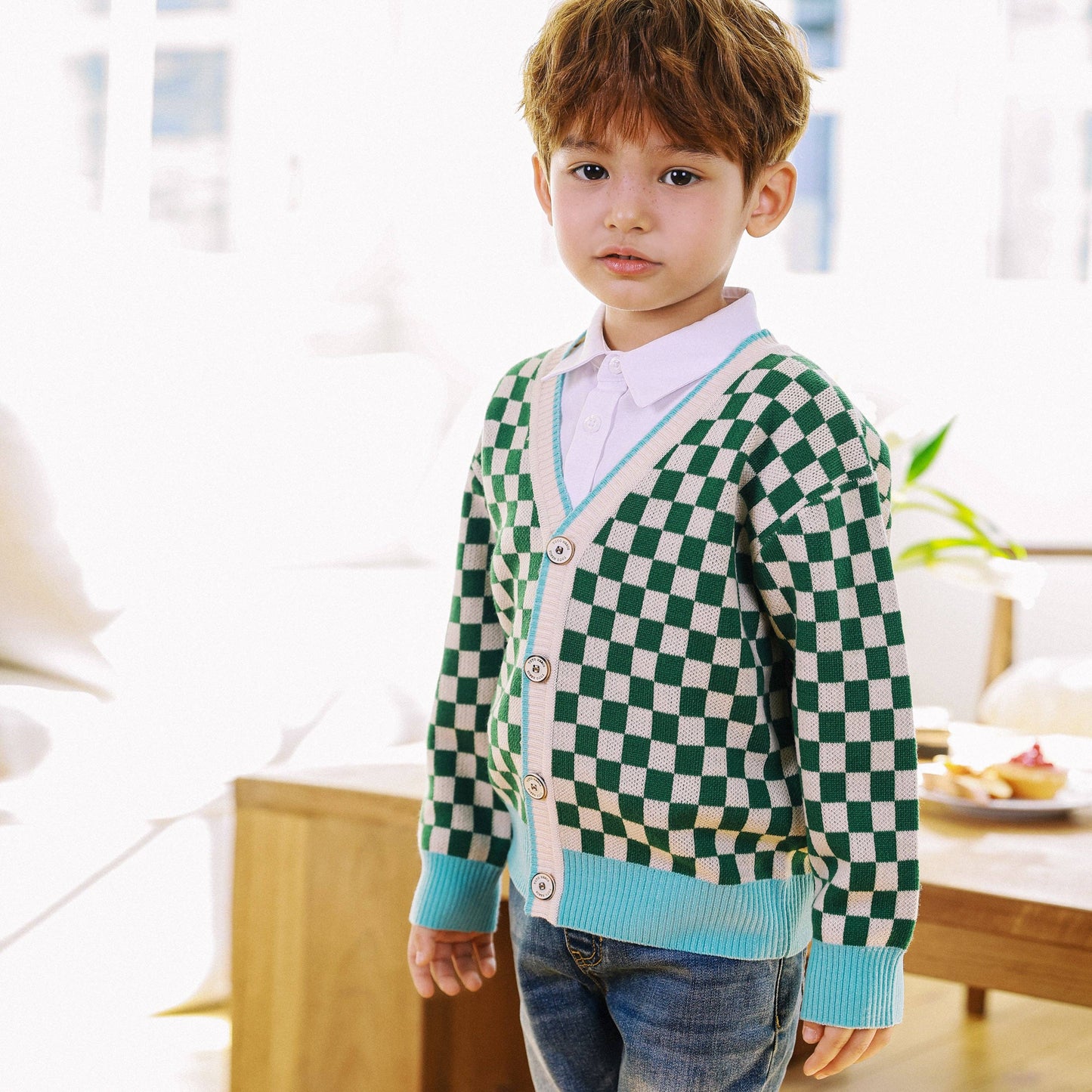 Colorblock Checkered Jacquard Cardigan