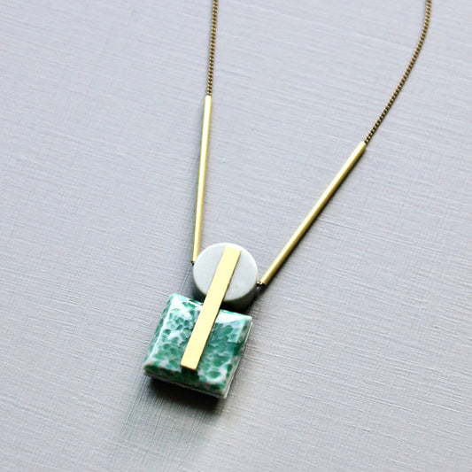 Vintage Glass and Gray Jasper Geometric Pendant Necklace