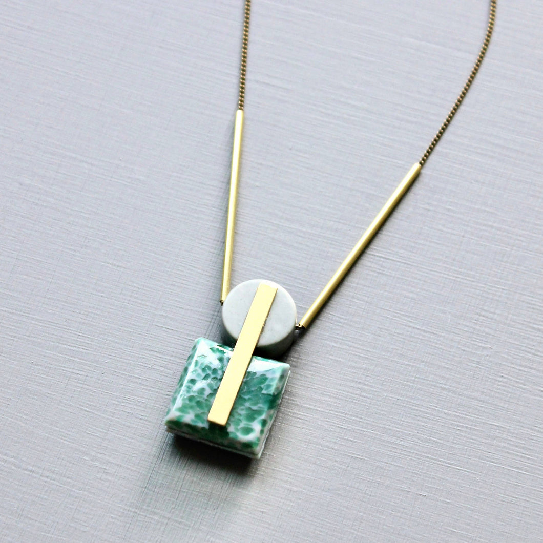 Vintage Glass and Gray Jasper Geometric Pendant Necklace
