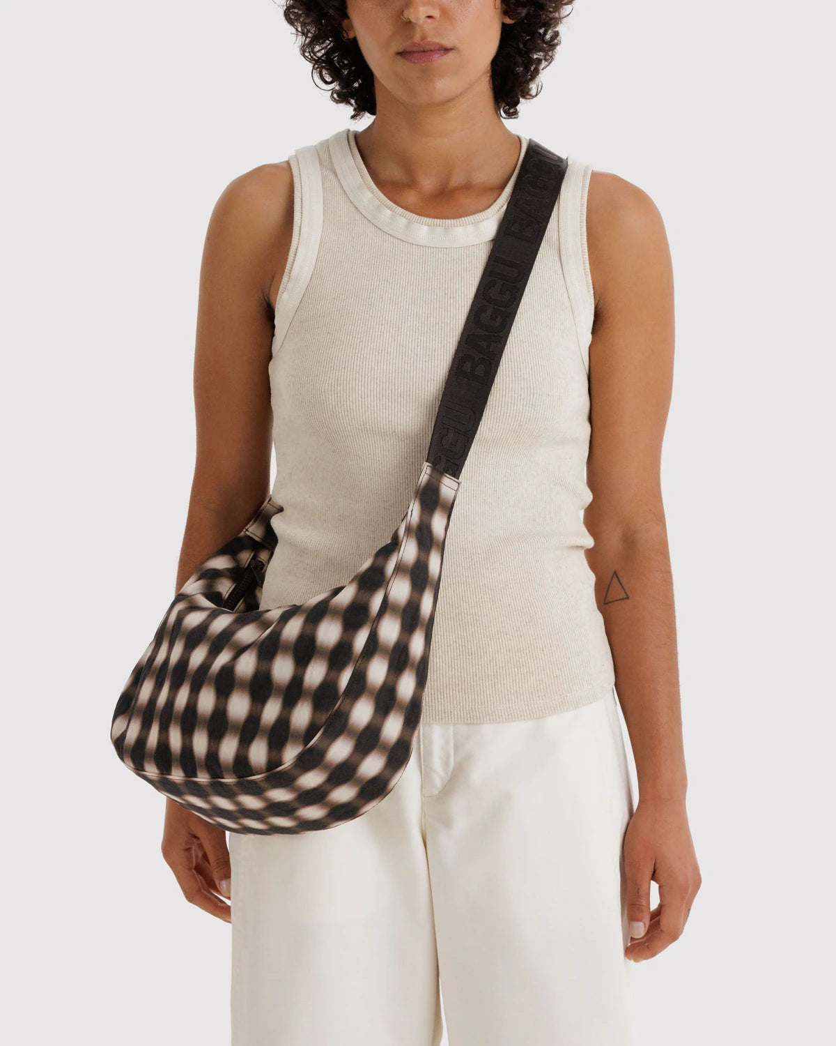 Medium Nylon Baggu Crescent Bag - Blurred Gingham Brown
