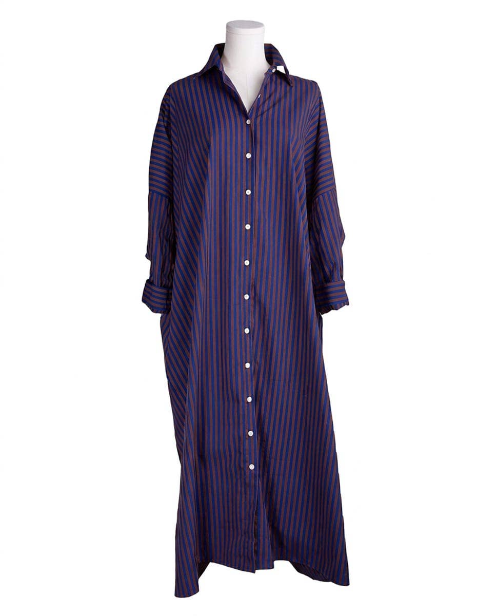 Colette Shirtdress In Blue + Brown Stripe