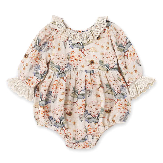 Vintage Floral Baby Girl Bodysuit – Lace Ruffles Linen Blend