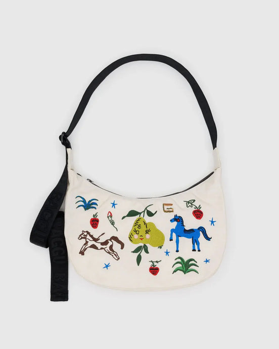 Baggu Handbag with embroidered designs on a white background