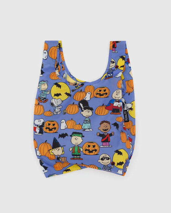 Baggu reusable bag with Halloween-themed design featuring cartoon characters on a blue background