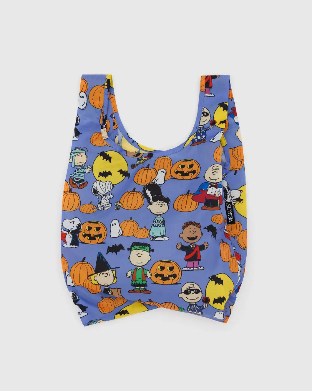 Baggu reusable bag with Halloween-themed design featuring cartoon characters on a blue background