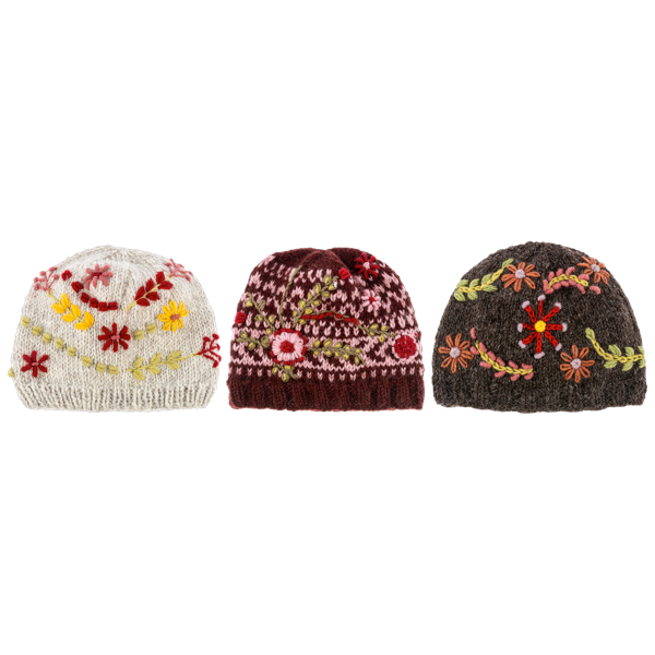 Knit Embroidered Floral Winter Hats - Three Styles