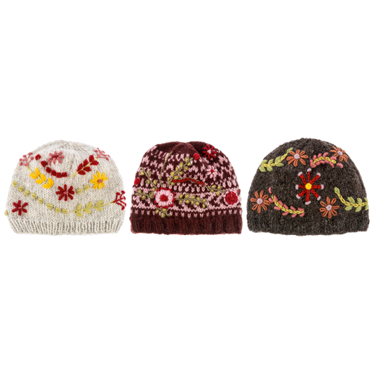 Knit Embroidered Floral Winter Hats - Three Styles