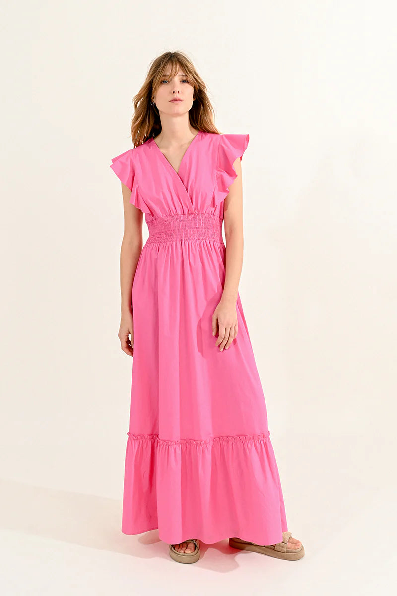 Ruffled V-Neck Dress - Pink