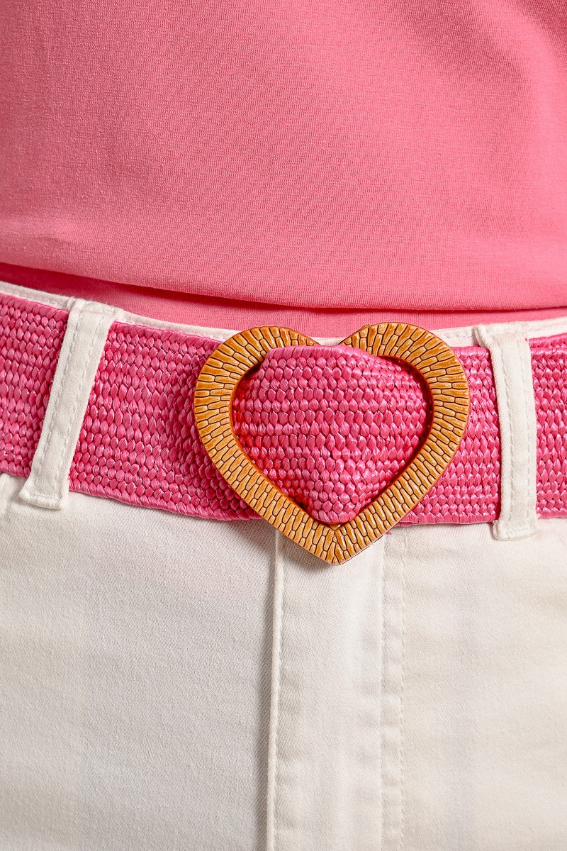 Heart Buckle Wide Braided Belt - Pink