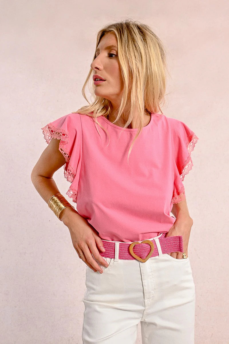 Heart Buckle Wide Braided Belt - Pink