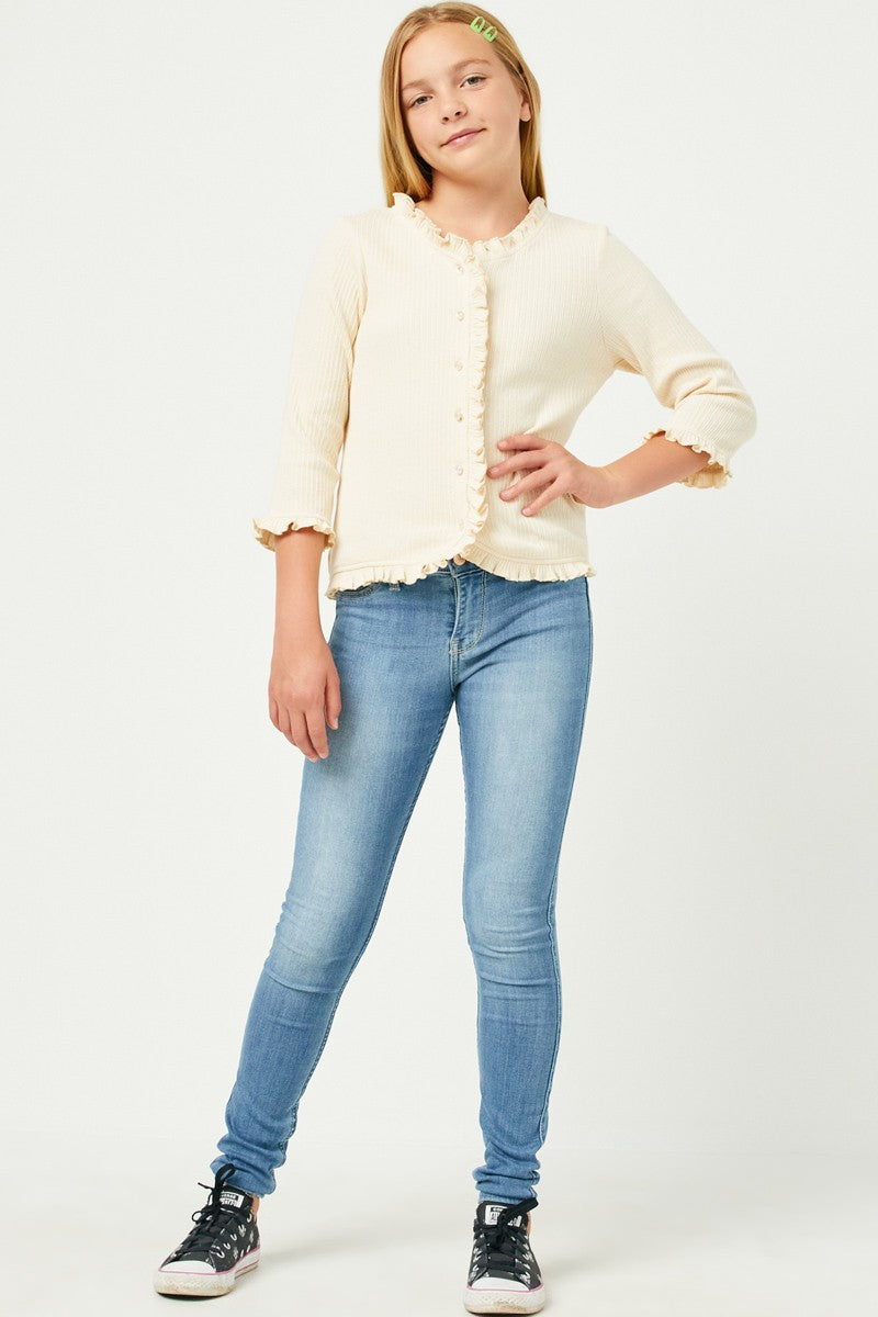 Ruffle Ribbed Knit Buttoned Cardigan