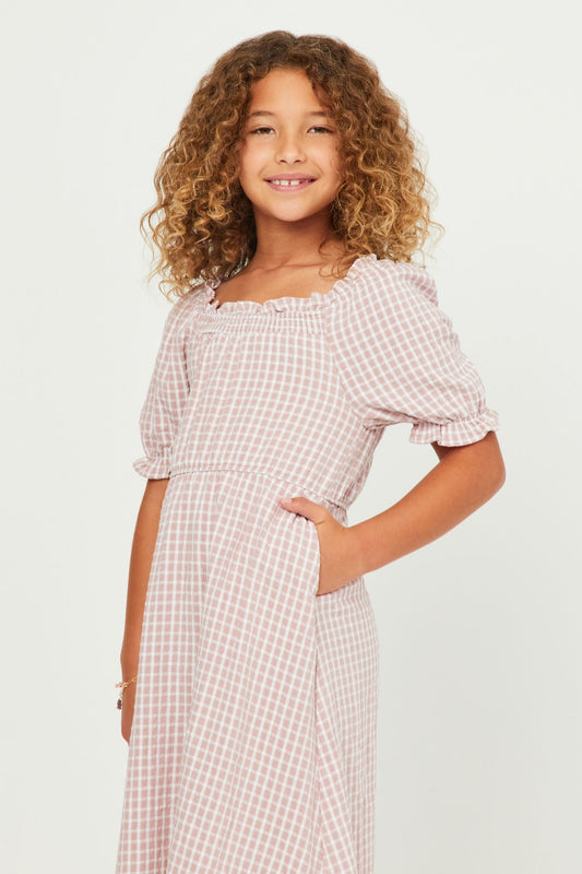 Smocked Puff Sleeve Checkered Dress