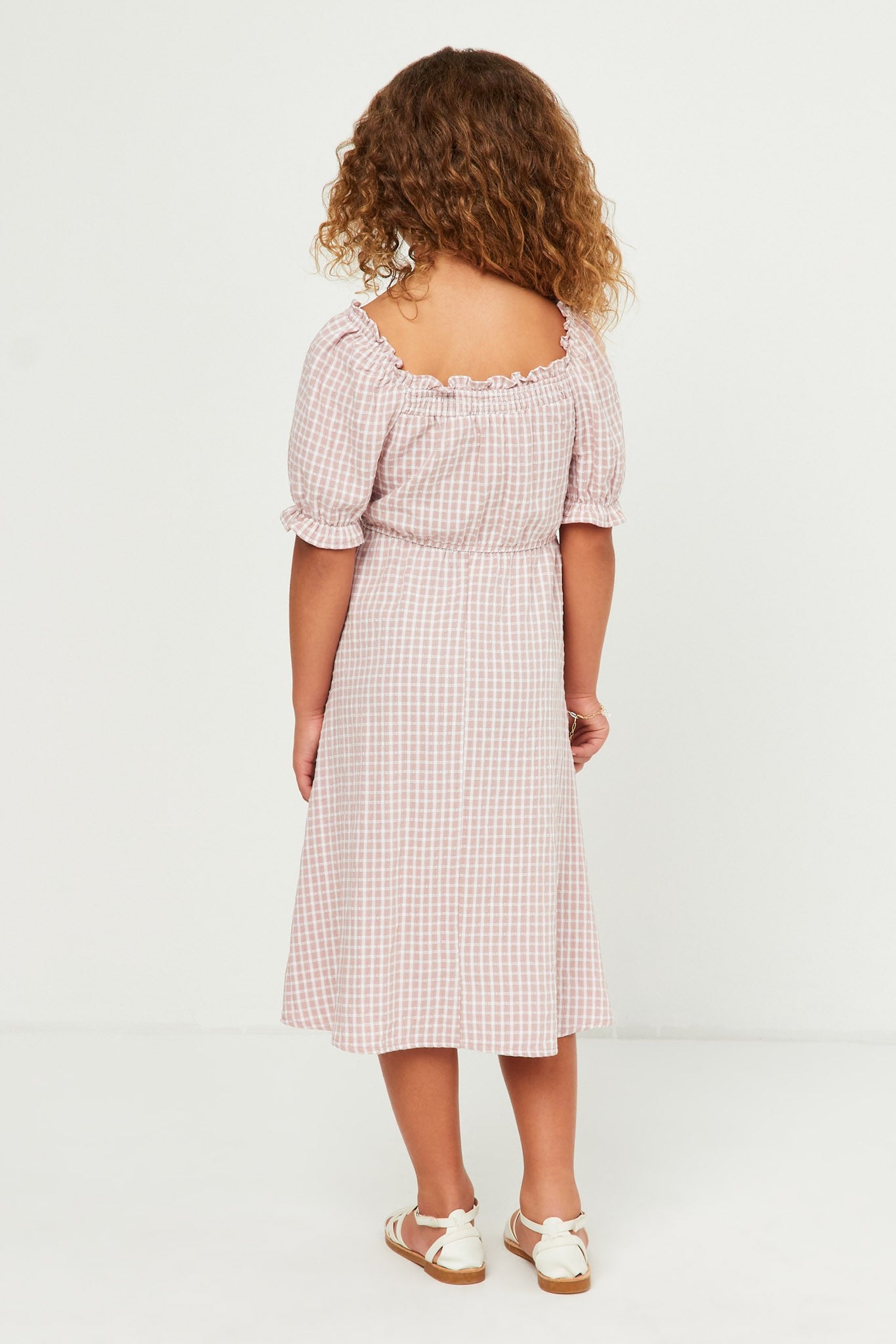 Smocked Puff Sleeve Checkered Dress