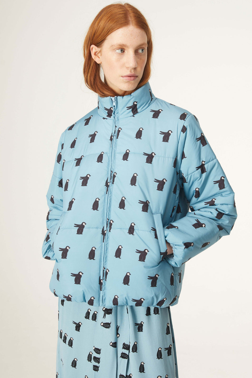 Penguin Print Quilted Bomber Jacket
