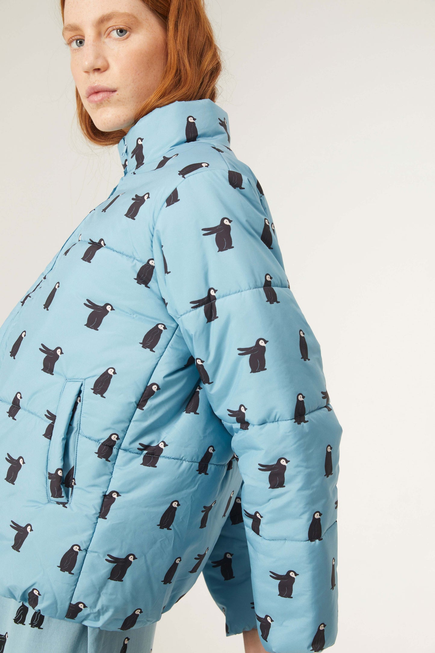 Penguin Print Quilted Bomber Jacket