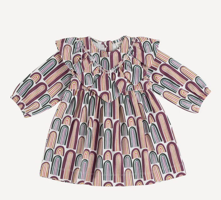 Long Sleeve V-Ruffle Dress - Jewel Rainbow