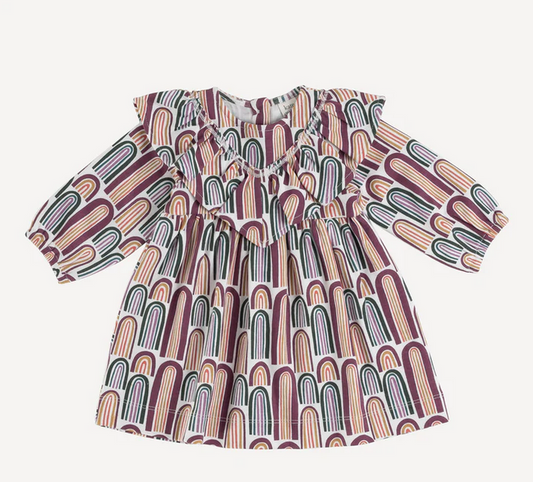 Long Sleeve V-Ruffle Dress - Jewel Rainbow